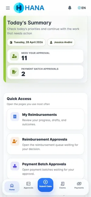 Dashboard Reimburse.id yang menampilkan status reimbursement, approval, dan laporan.